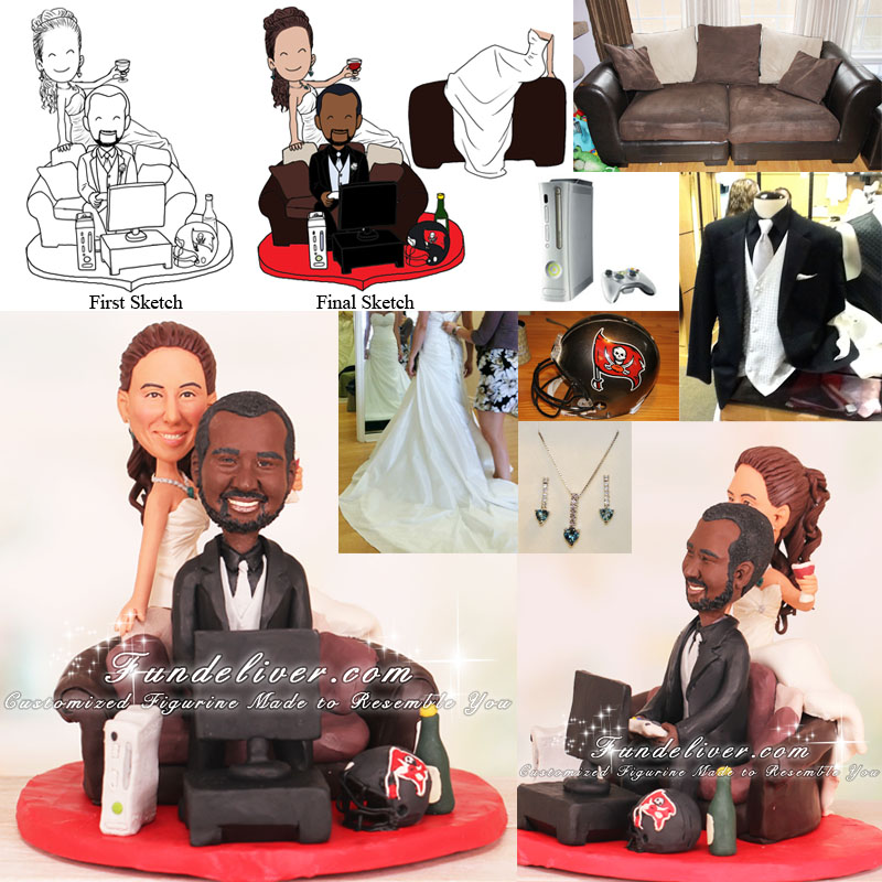 Bride Sitting on Couch While Groom Playing Video Game Cake Toppers